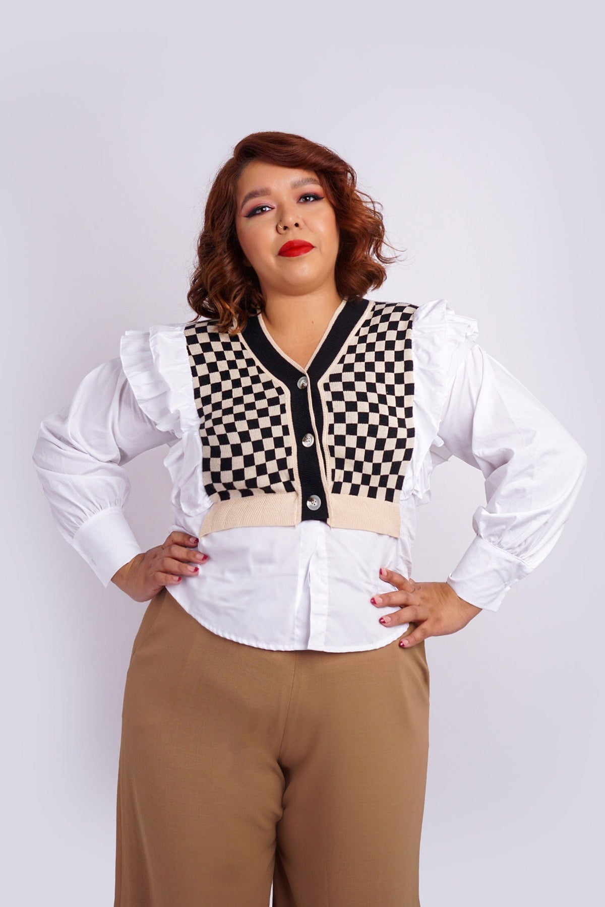 DCD TOPS White/Black Ruffle Sleeve Checkered Cardigan