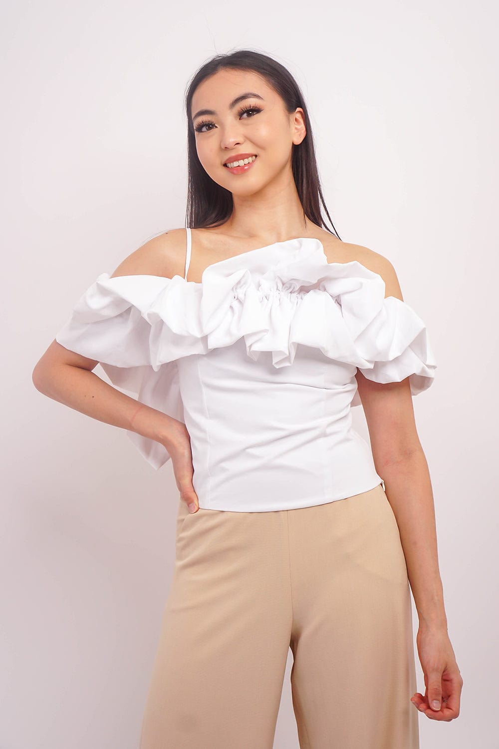 DCD Tops White Ruffle Trim Smock Top