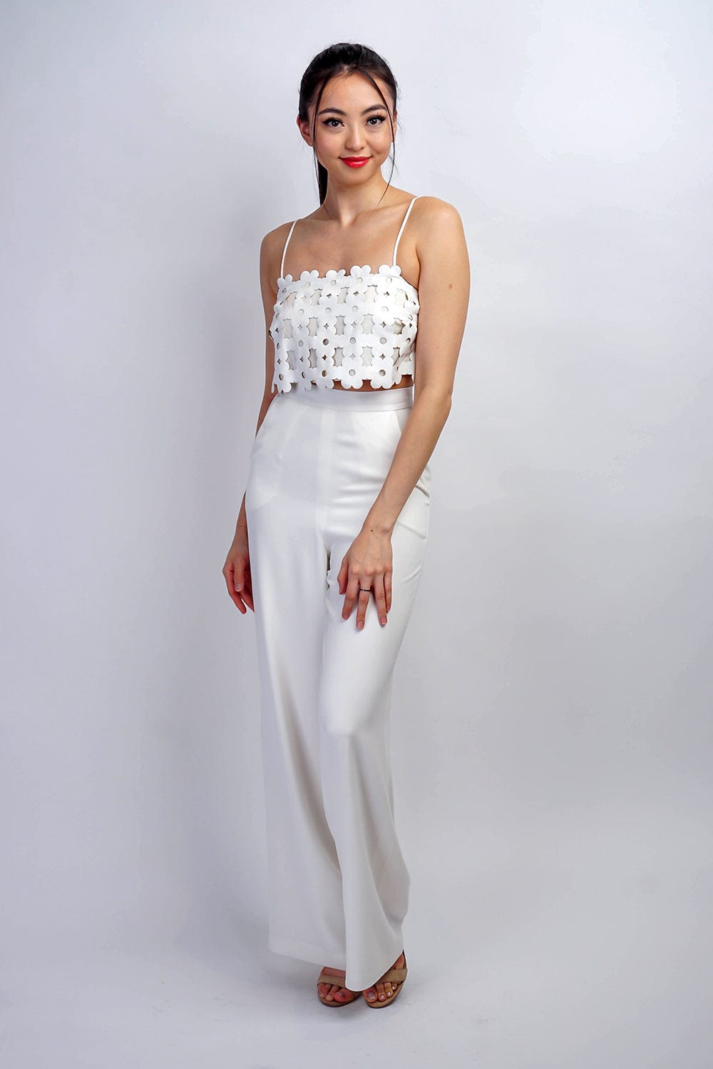 DCD TOPS WHT Patterned Leather Crop Top W/ Side Zipper Closure