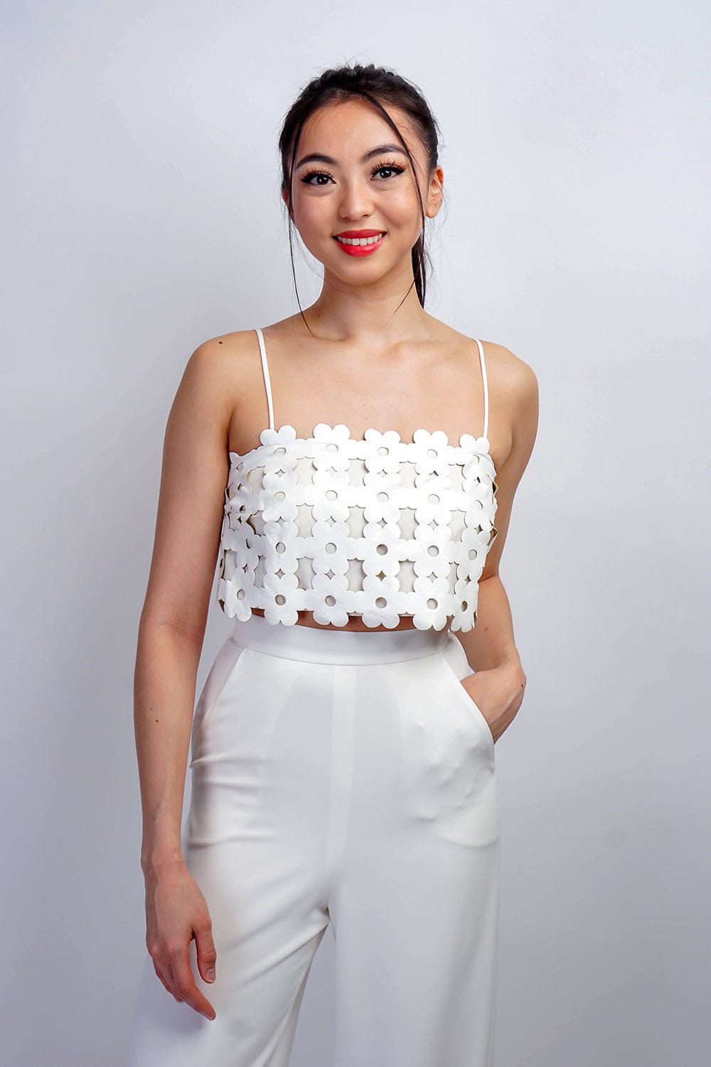 DCD TOPS WHT Patterned Leather Crop Top W/ Side Zipper Closure