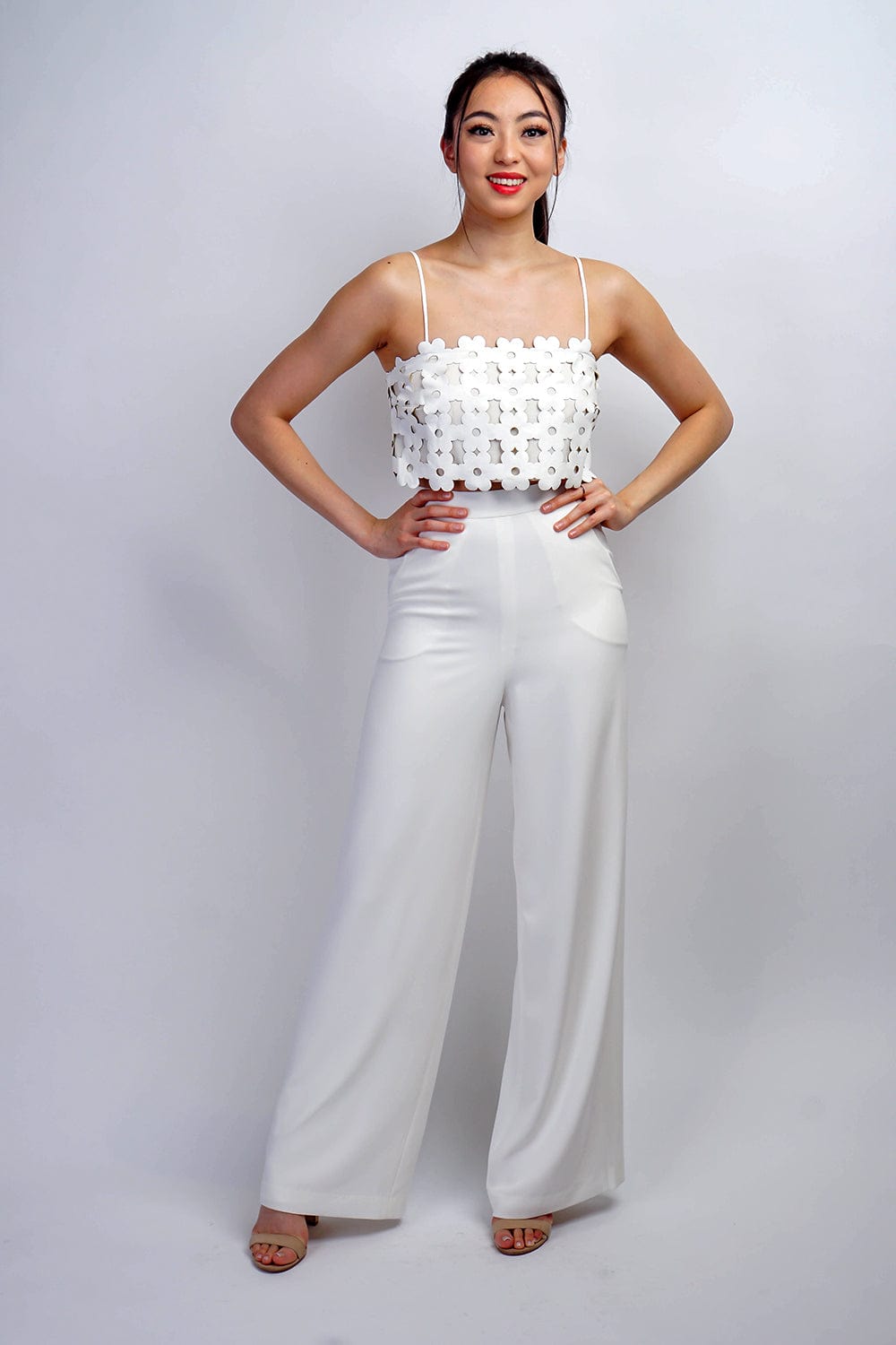 DCD TOPS WHT Patterned Leather Crop Top W/ Side Zipper Closure