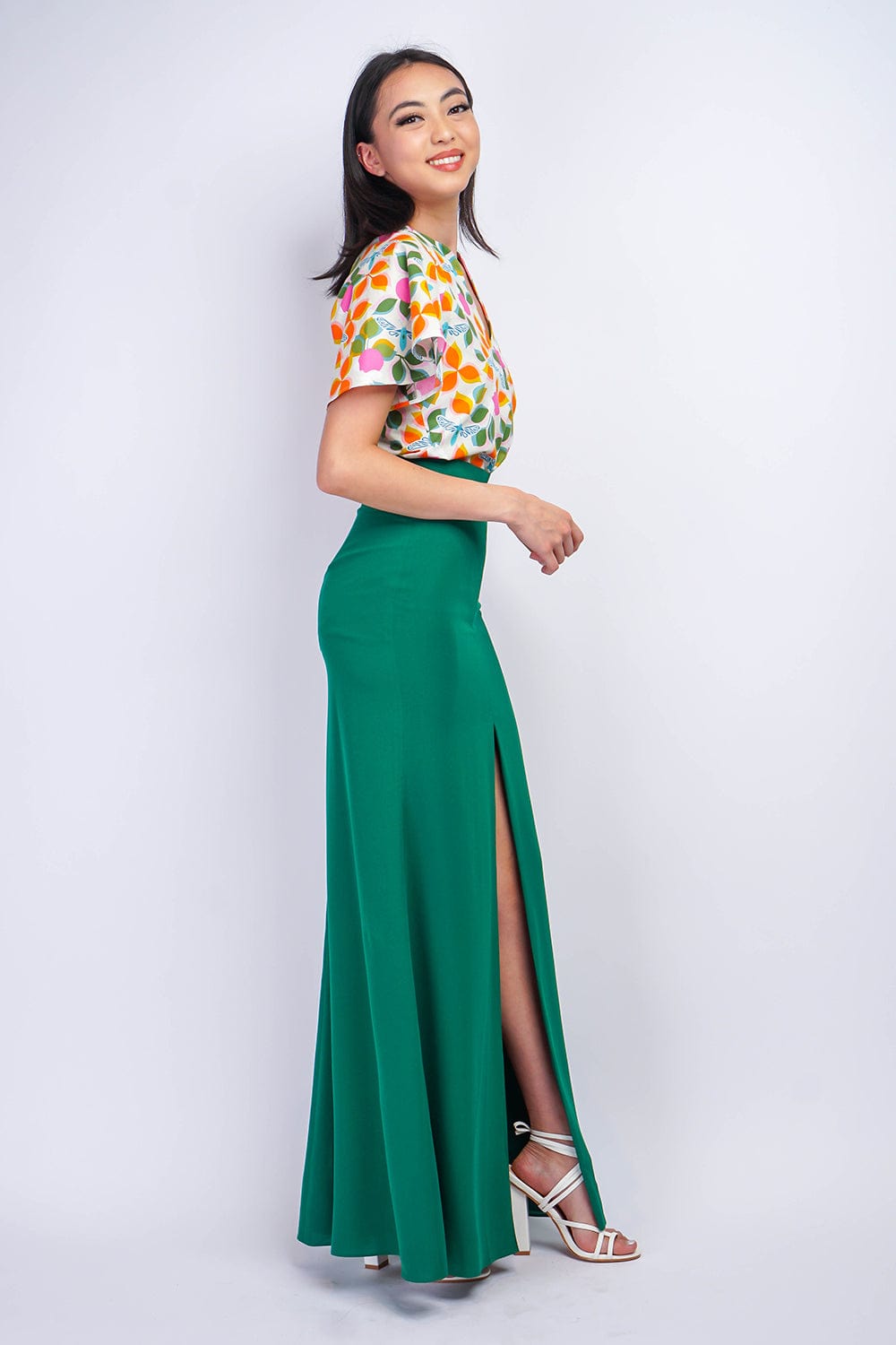 BOTTOMS Green Ashley Front Slit Long Skirt - Chloe Dao