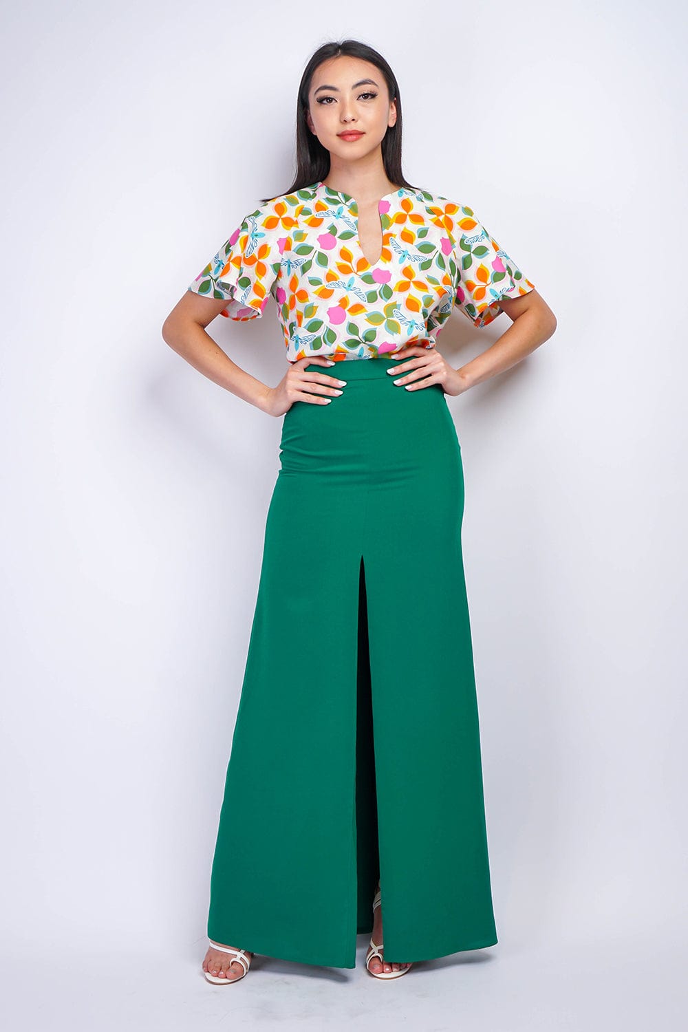 BOTTOMS Green Ashley Front Slit Long Skirt - Chloe Dao