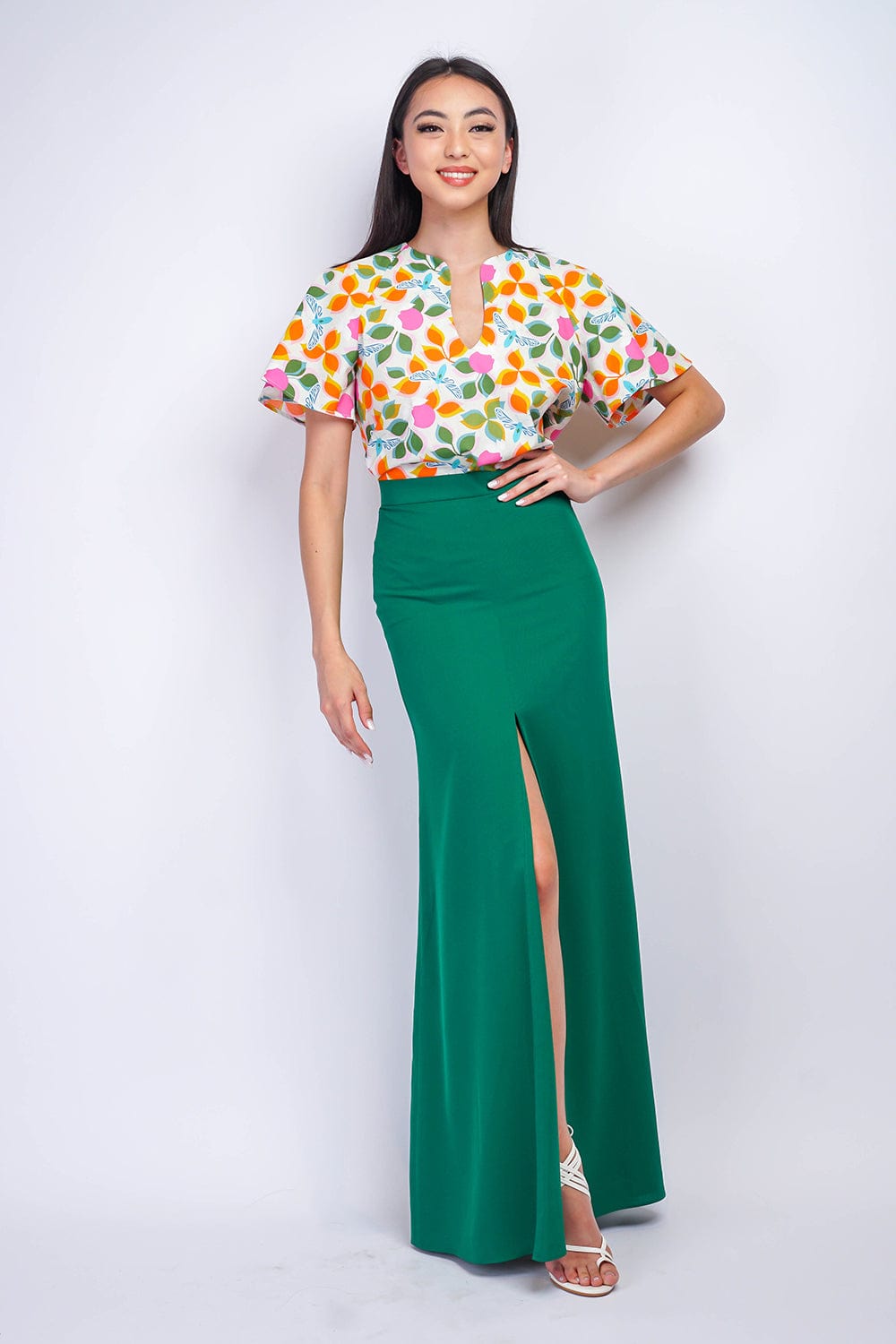 BOTTOMS Green Ashley Front Slit Long Skirt - Chloe Dao