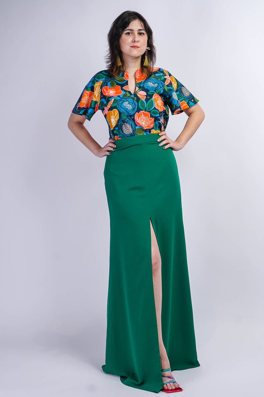 BOTTOMS Green Ashley Front Slit Long Skirt - Chloe Dao