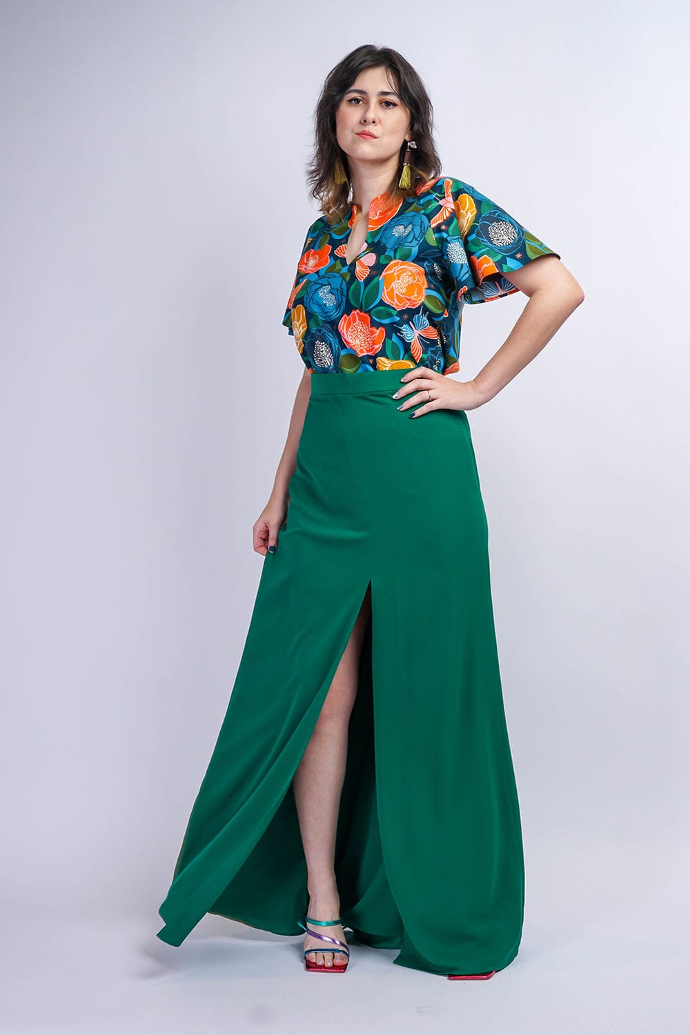 BOTTOMS Green Ashley Front Slit Long Skirt - Chloe Dao