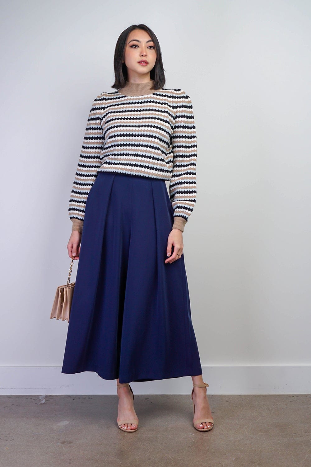 BOTTOMS Navy Pleated High Waist Wide Leg Kira Pants - Chloe Dao
