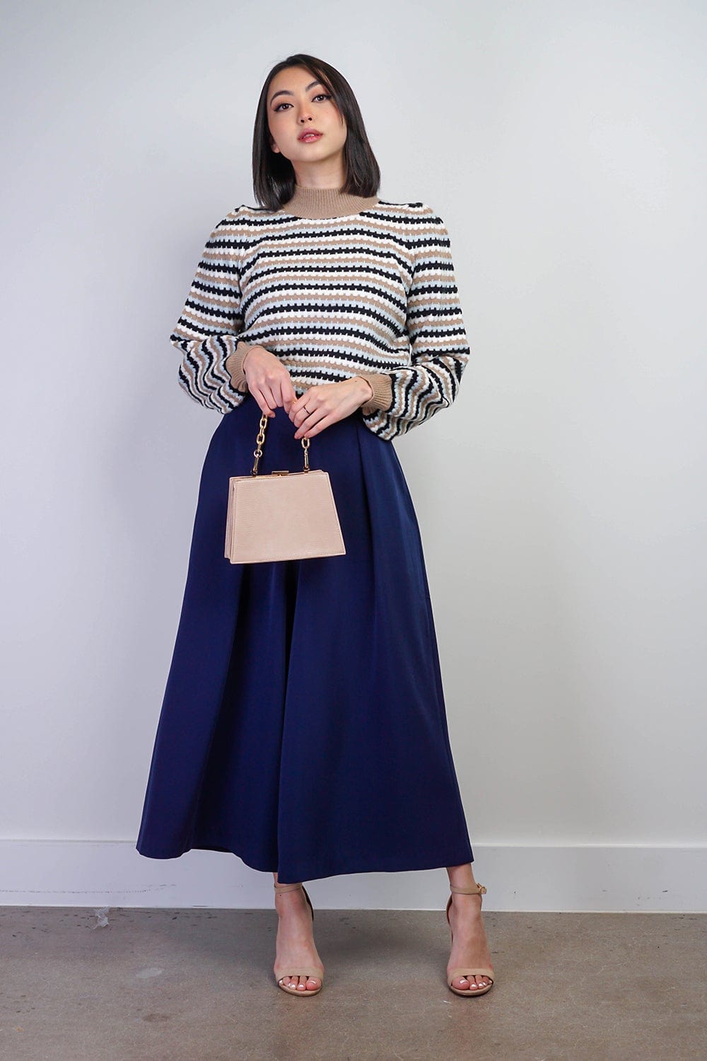 BOTTOMS Navy Pleated High Waist Wide Leg Kira Pants - Chloe Dao