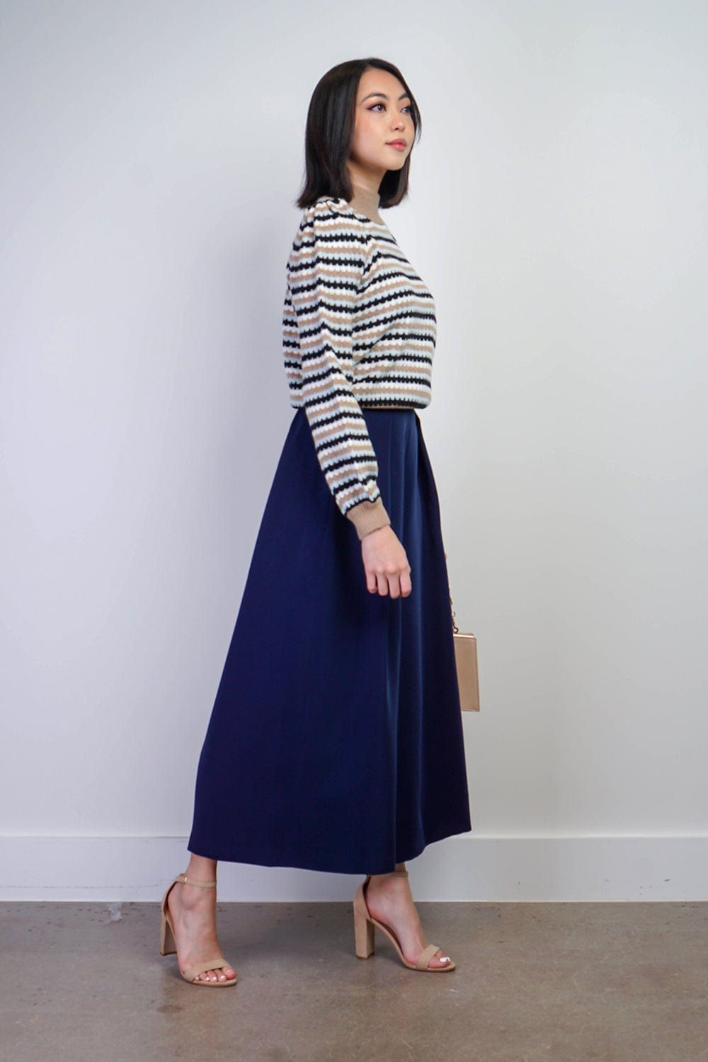 BOTTOMS Navy Pleated High Waist Wide Leg Kira Pants - Chloe Dao