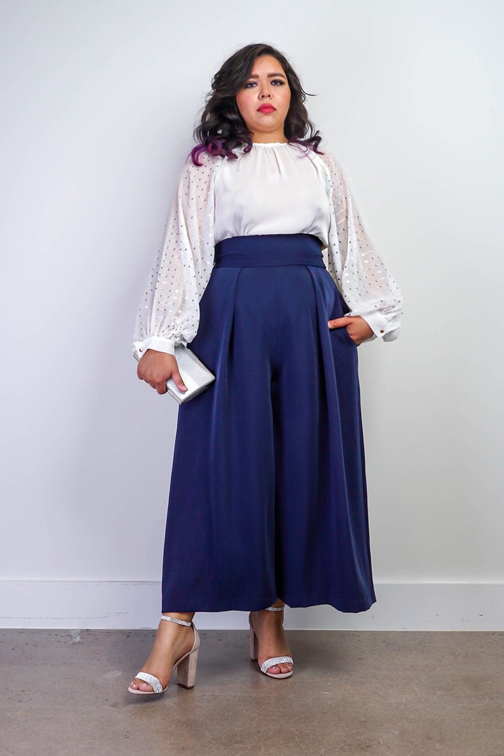 BOTTOMS Navy Pleated High Waist Wide Leg Kira Pants - Chloe Dao