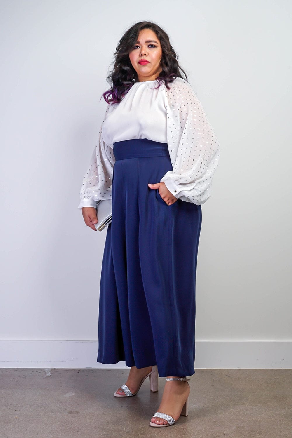 BOTTOMS Navy Pleated High Waist Wide Leg Kira Pants - Chloe Dao