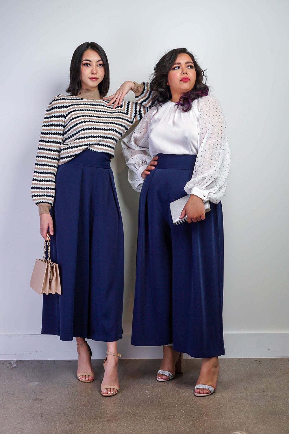 BOTTOMS Navy Pleated High Waist Wide Leg Kira Pants - Chloe Dao