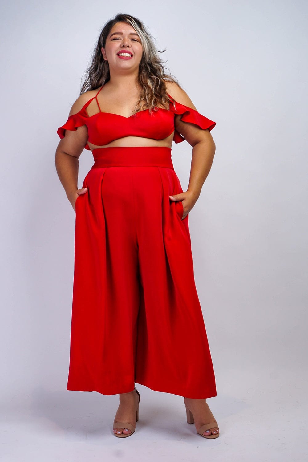 BOTTOMS Red Pleated High Waist Wide Leg Kira Pants - Chloe Dao