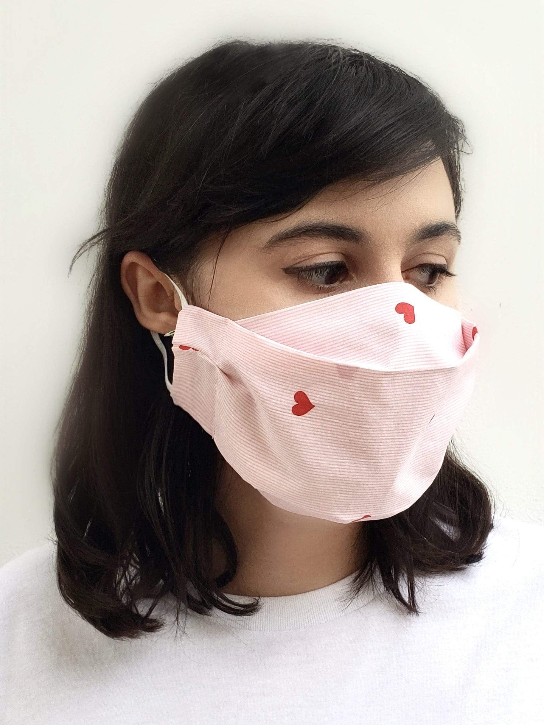 Box Pleated Face Masks Blue Heart Mini Stripes (Box Pleated Mask with Filter Pocket) - Chloe Dao