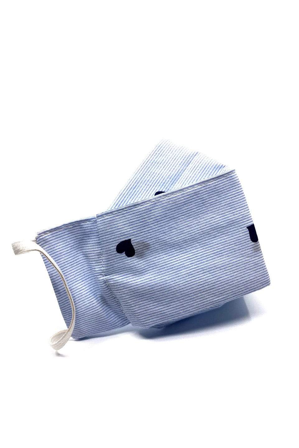 Box Pleated Face Masks Blue Heart Mini Stripes (Box Pleated Mask with Filter Pocket) - Chloe Dao