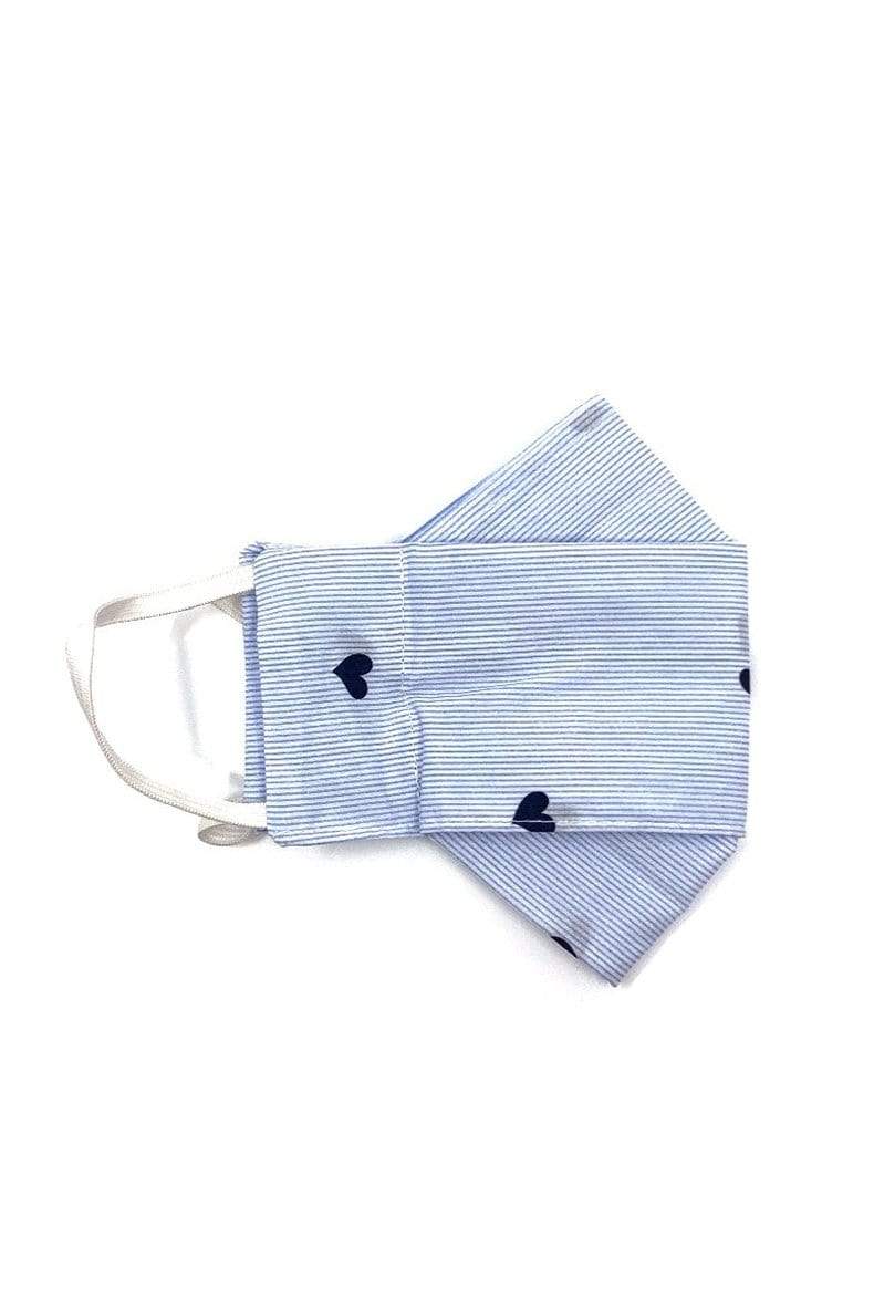 Box Pleated Face Masks Blue Heart Mini Stripes (Box Pleated Mask with Filter Pocket) S/M - Chloe Dao