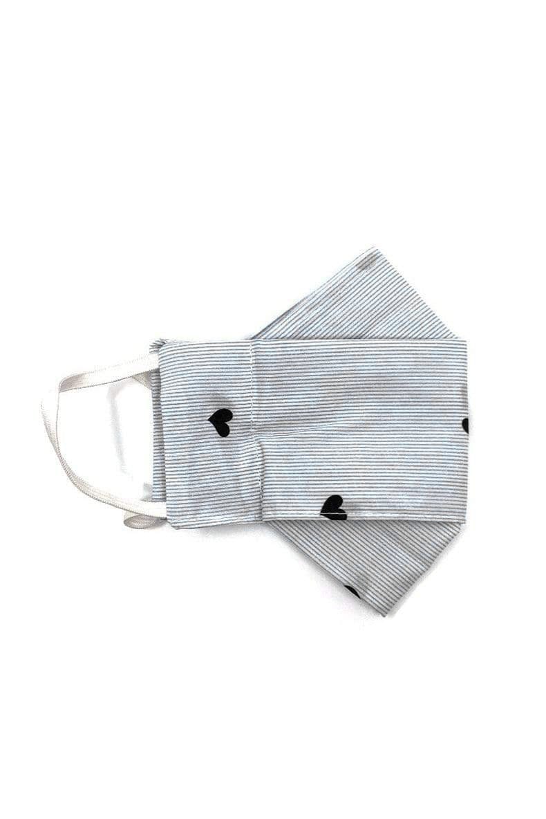 Box Pleated Face Masks Black Heart Mini Stripes (Box Pleated Mask with Filter Pocket) XS/S (CHILD AGE 4-12) - Chloe Dao