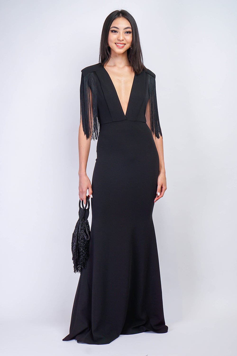 Black Fringe Sleeve Deep V Neck Gown - Chloe Dao
