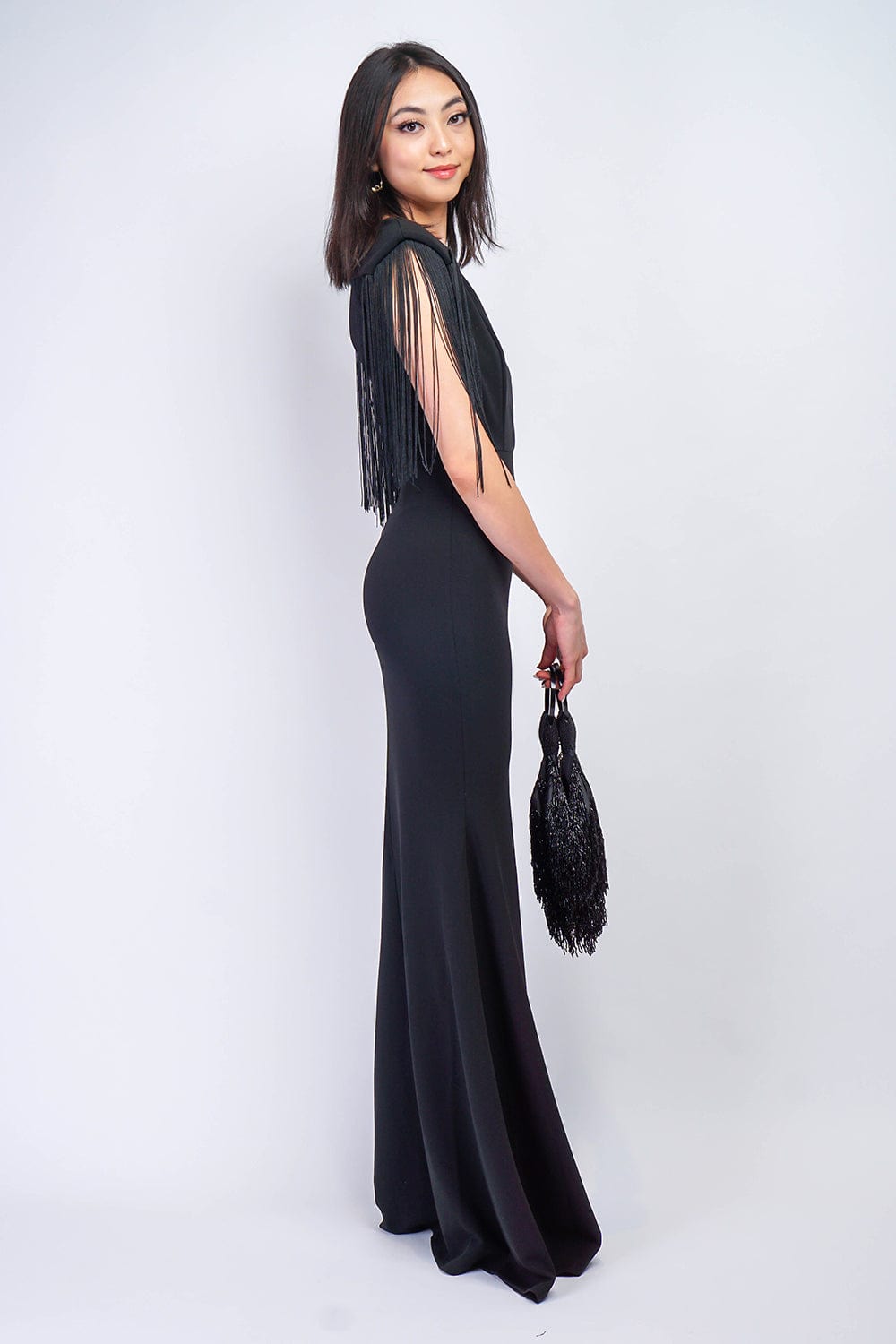 Dresses Black Fringe Sleeve Deep V Neck Gown - Chloe Dao