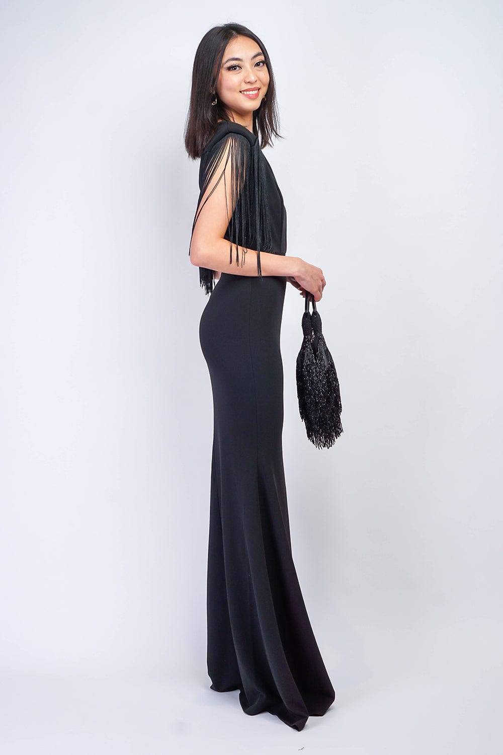 Dresses Black Fringe Sleeve Deep V Neck Gown - Chloe Dao