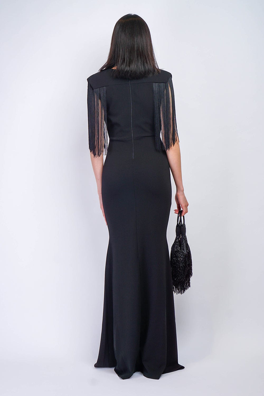 Dresses Black Fringe Sleeve Deep V Neck Gown - Chloe Dao