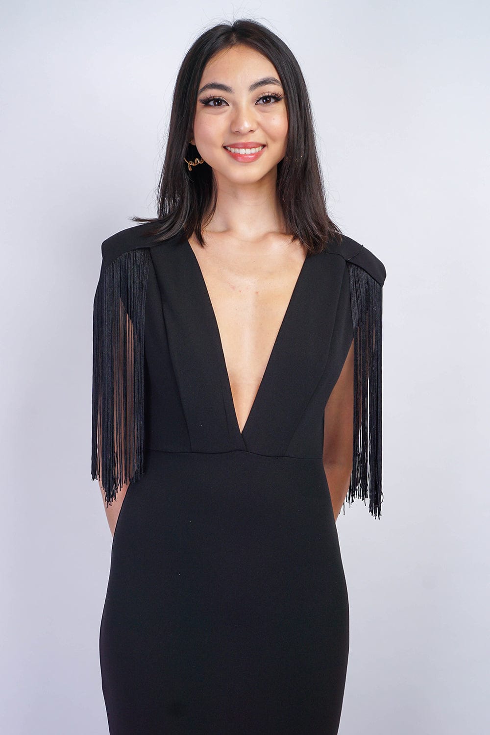 Dresses Black Fringe Sleeve Deep V Neck Gown - Chloe Dao