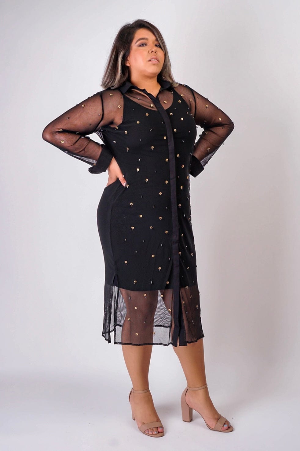 DCD DRESSES Black Mesh Beaded Front Shirt Dress