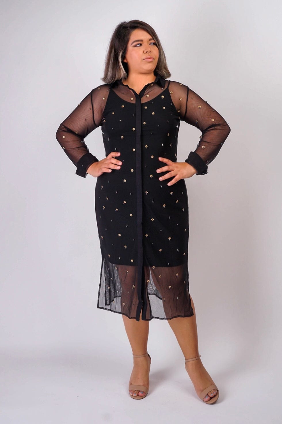 DCD DRESSES Black Mesh Beaded Front Shirt Dress