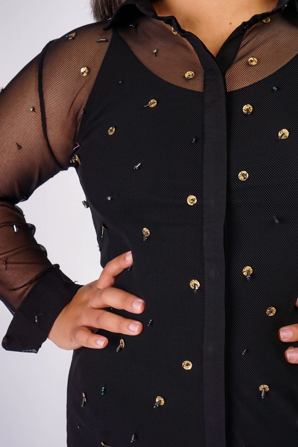 DCD DRESSES Black Mesh Beaded Front Shirt Dress