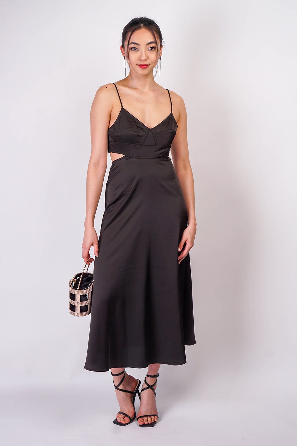 DCD DRESSES Black Satin Cutout Maxi Dress