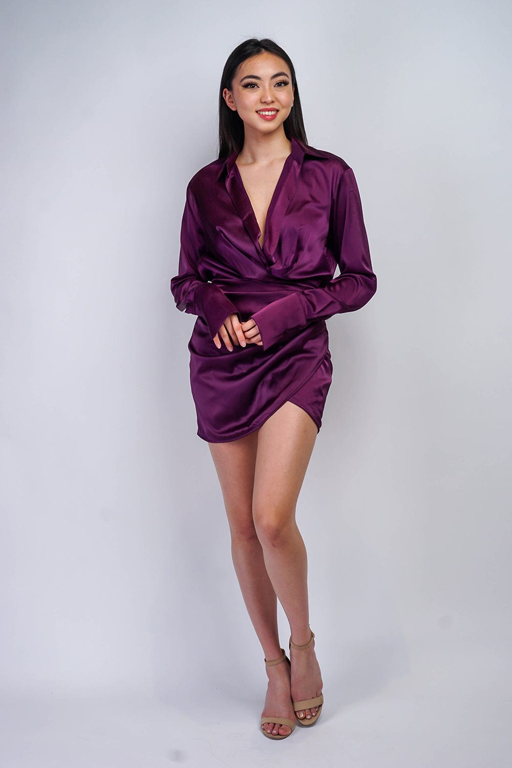DCD DRESSES Eggplant Satin Wrap Shirt Dress