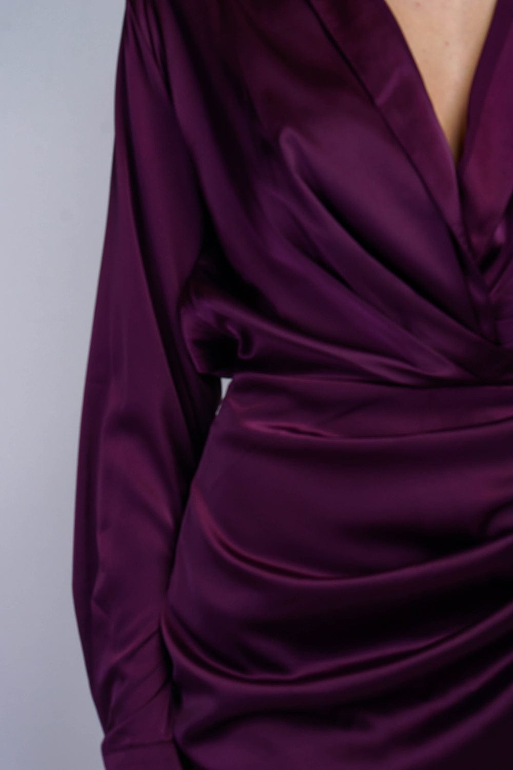 DCD DRESSES Eggplant Satin Wrap Shirt Dress