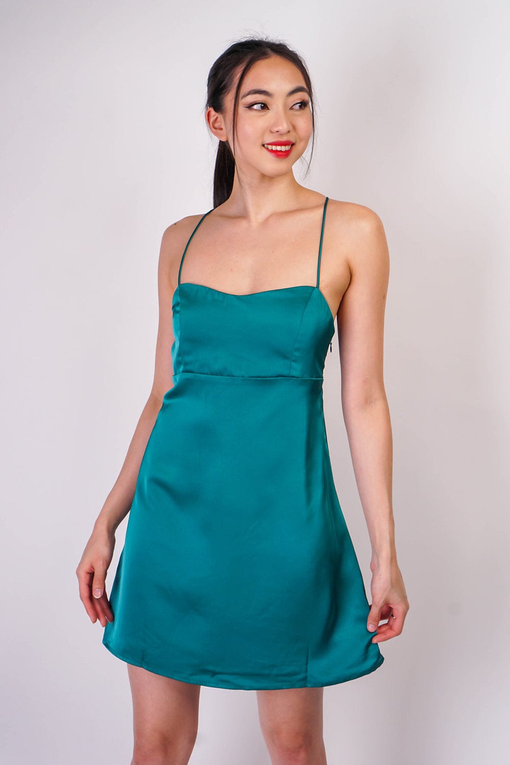DCD DRESSES Emerald Satin Babydoll Bodice Mini Dress
