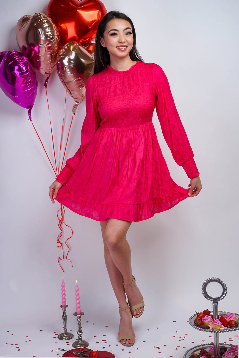 DCD DRESSES Fuchsia Smocked Long Sleeve Dress