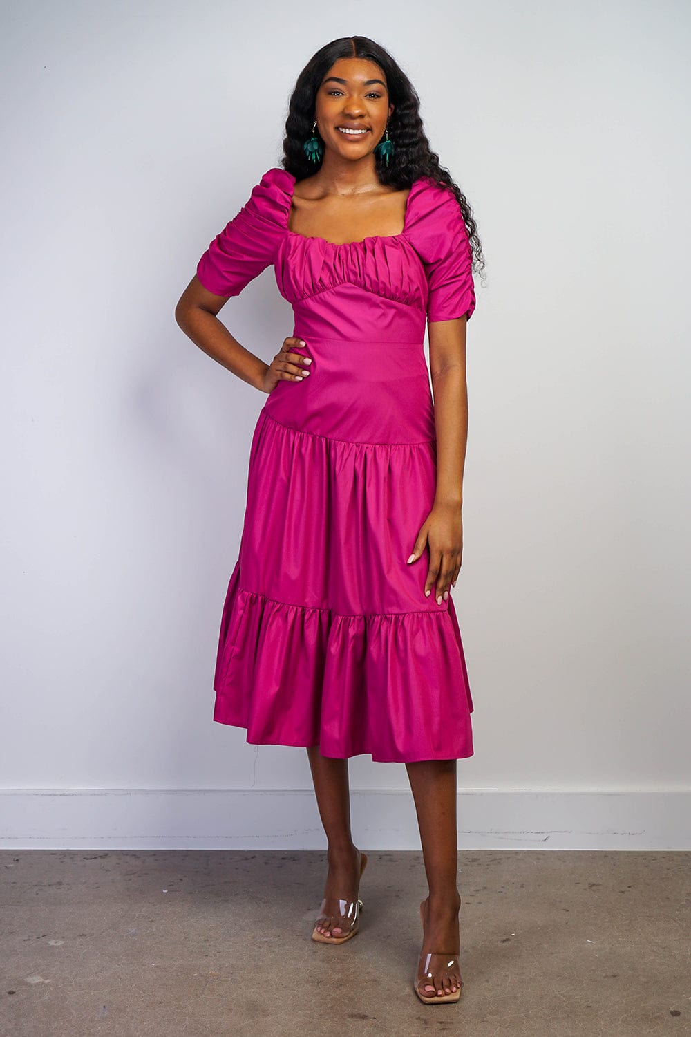 Dresses Magenta Midi Sleeve Sweetheart Midi Dress - Chloe Dao