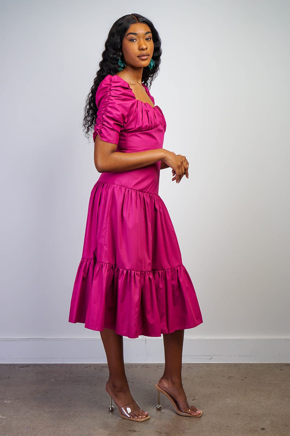 Dresses Magenta Midi Sleeve Sweetheart Midi Dress - Chloe Dao