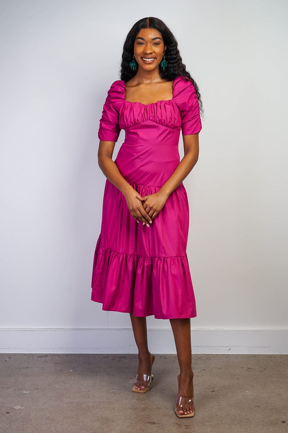 Dresses Magenta Midi Sleeve Sweetheart Midi Dress - Chloe Dao