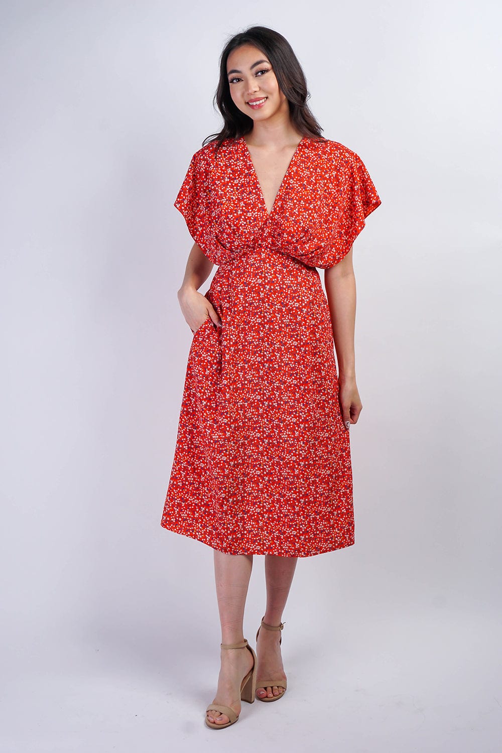 DCD DRESSES Red Pasley Floral Kasumi Midi Dress