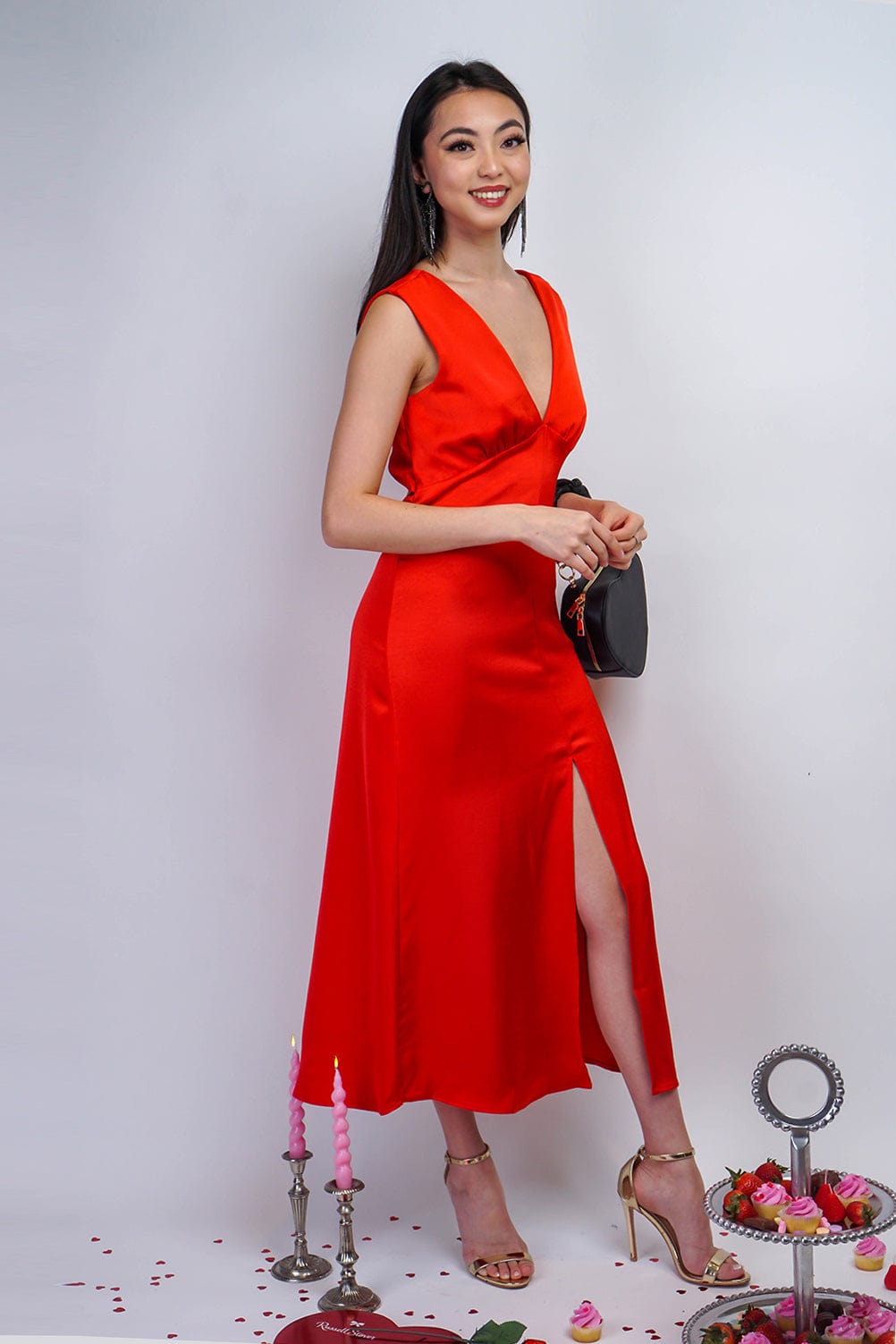 DRESSES Red Satin V Back Twist Midi Dress - Chloe Dao