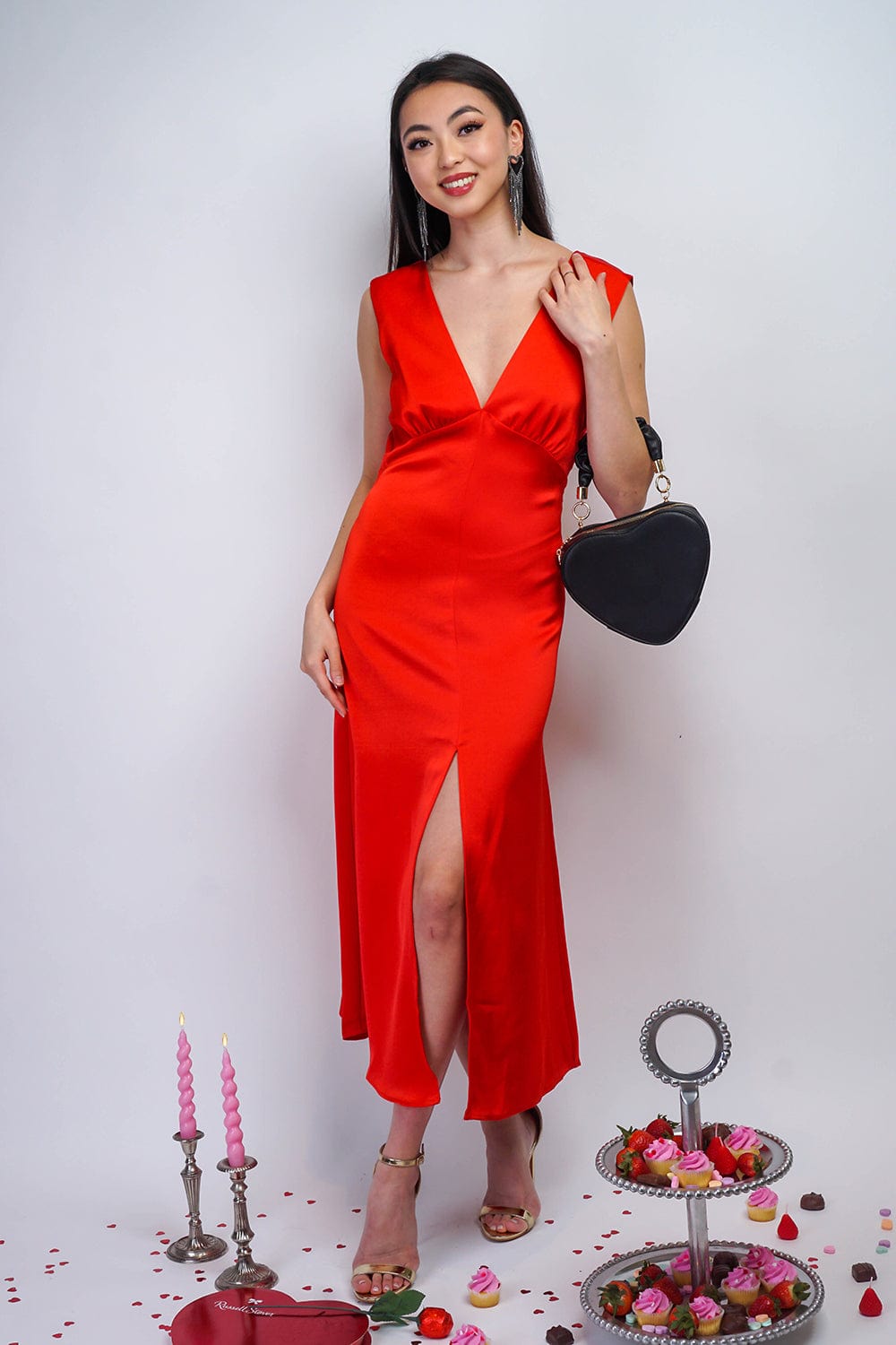 DRESSES Red Satin V Back Twist Midi Dress - Chloe Dao
