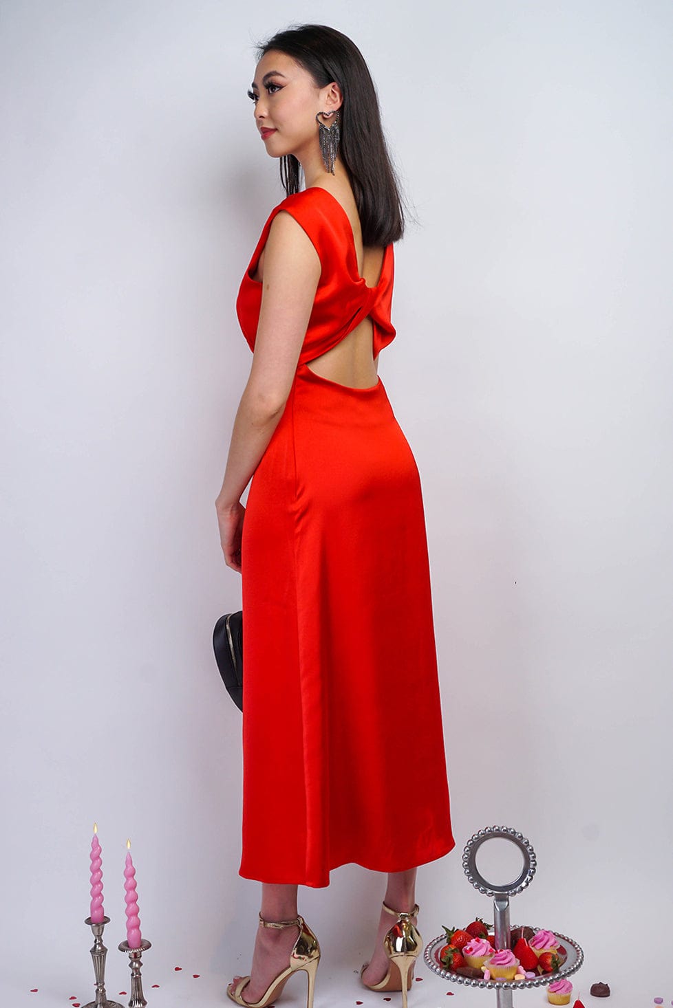 DRESSES Red Satin V Back Twist Midi Dress - Chloe Dao