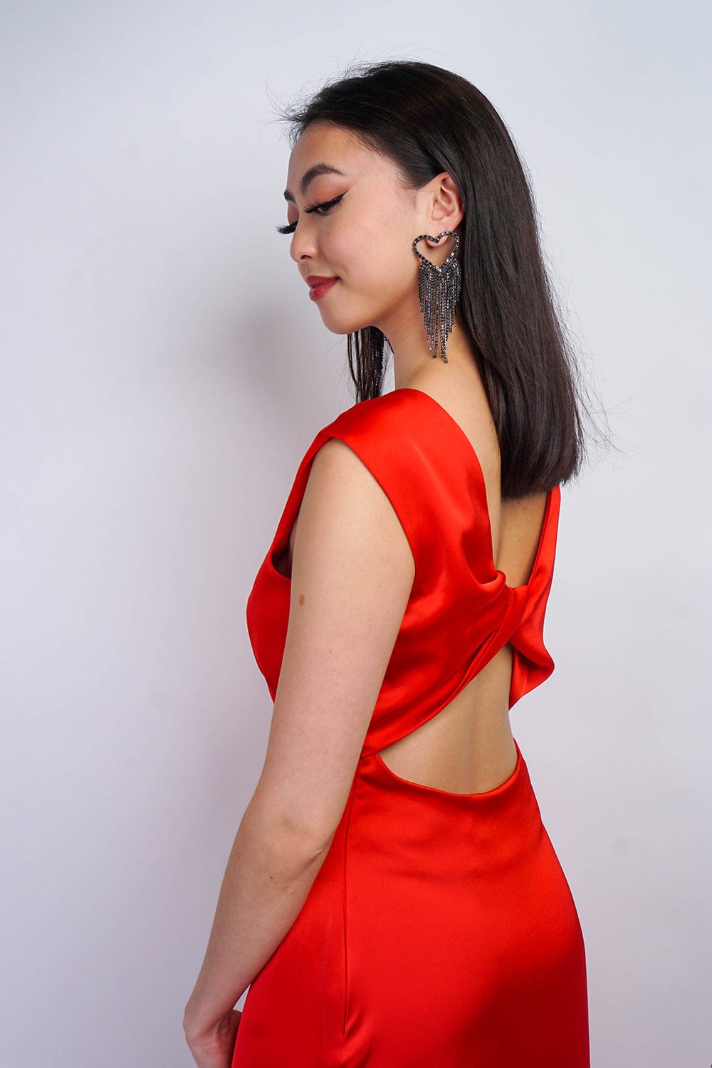 DRESSES Red Satin V Back Twist Midi Dress - Chloe Dao