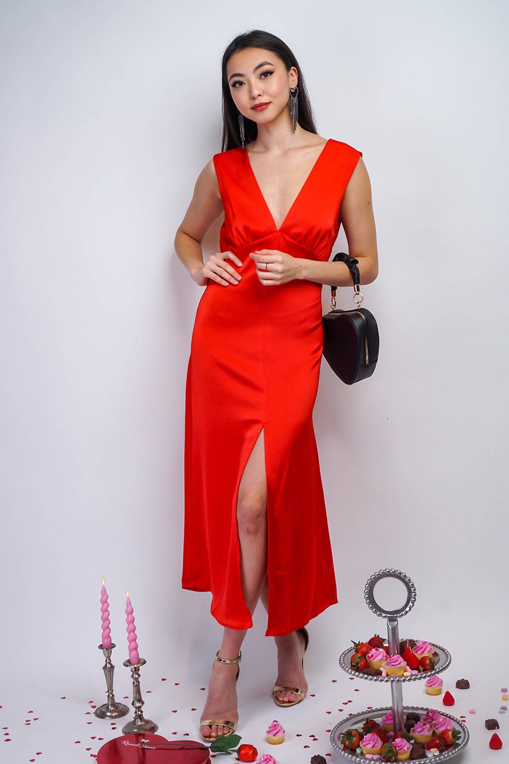 DRESSES Red Satin V Back Twist Midi Dress - Chloe Dao