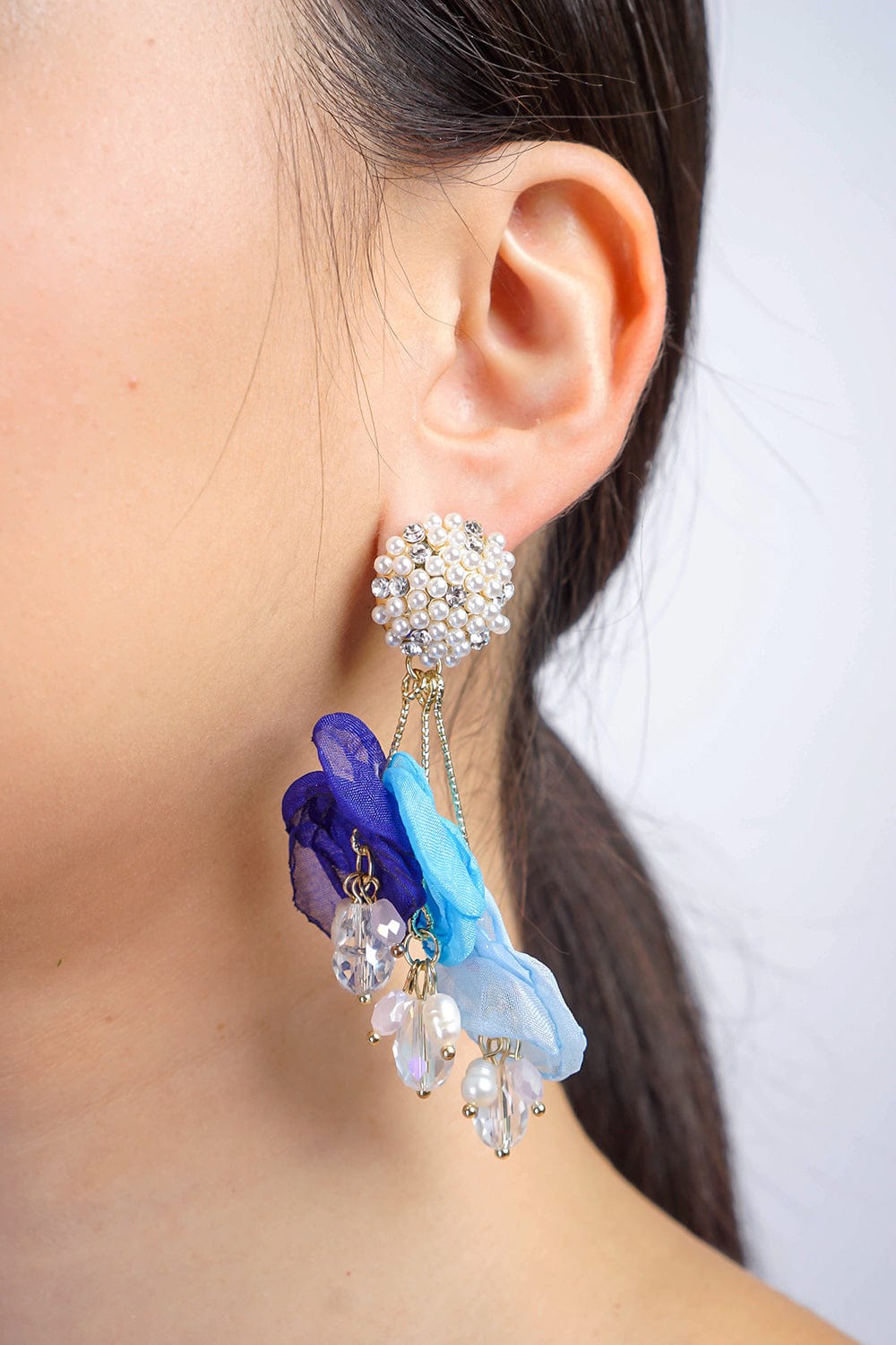 EARRINGS Blue Fabric Diamond Pearl Crystal Petal Drop Earrings - Chloe Dao