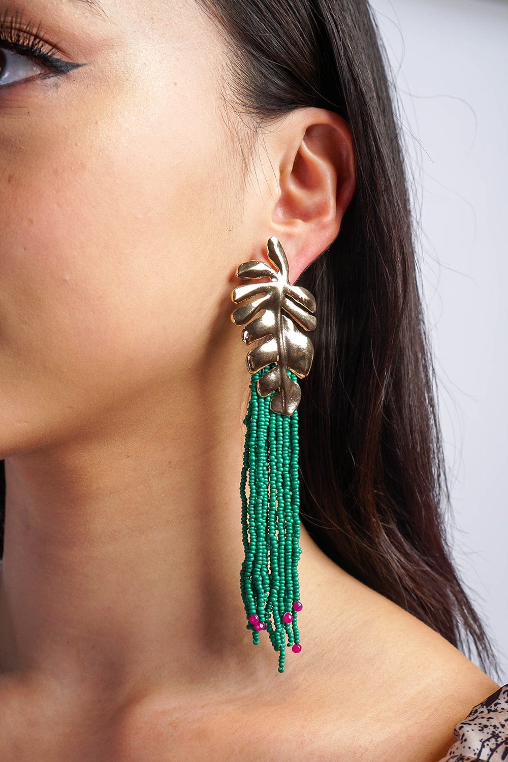 EARRINGS Green Alloy Long Rice Beads Tassel Leaf Earrings - Chloe Dao