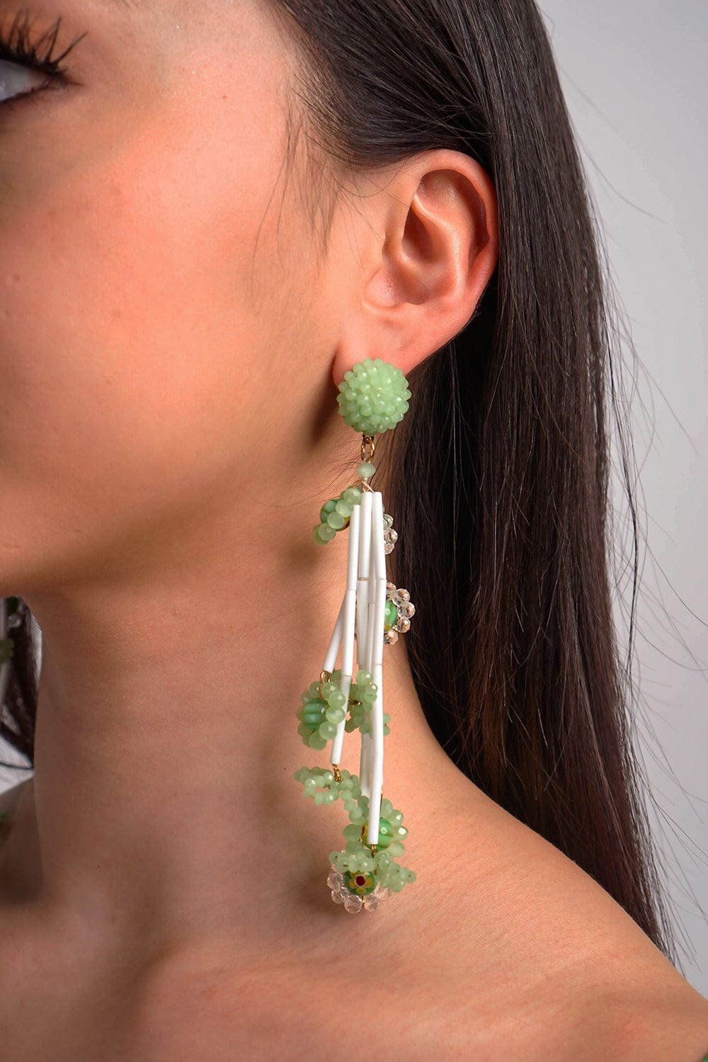 DCD EARRINGS Green Crystal Beaded Braided Flower Drop Earrings