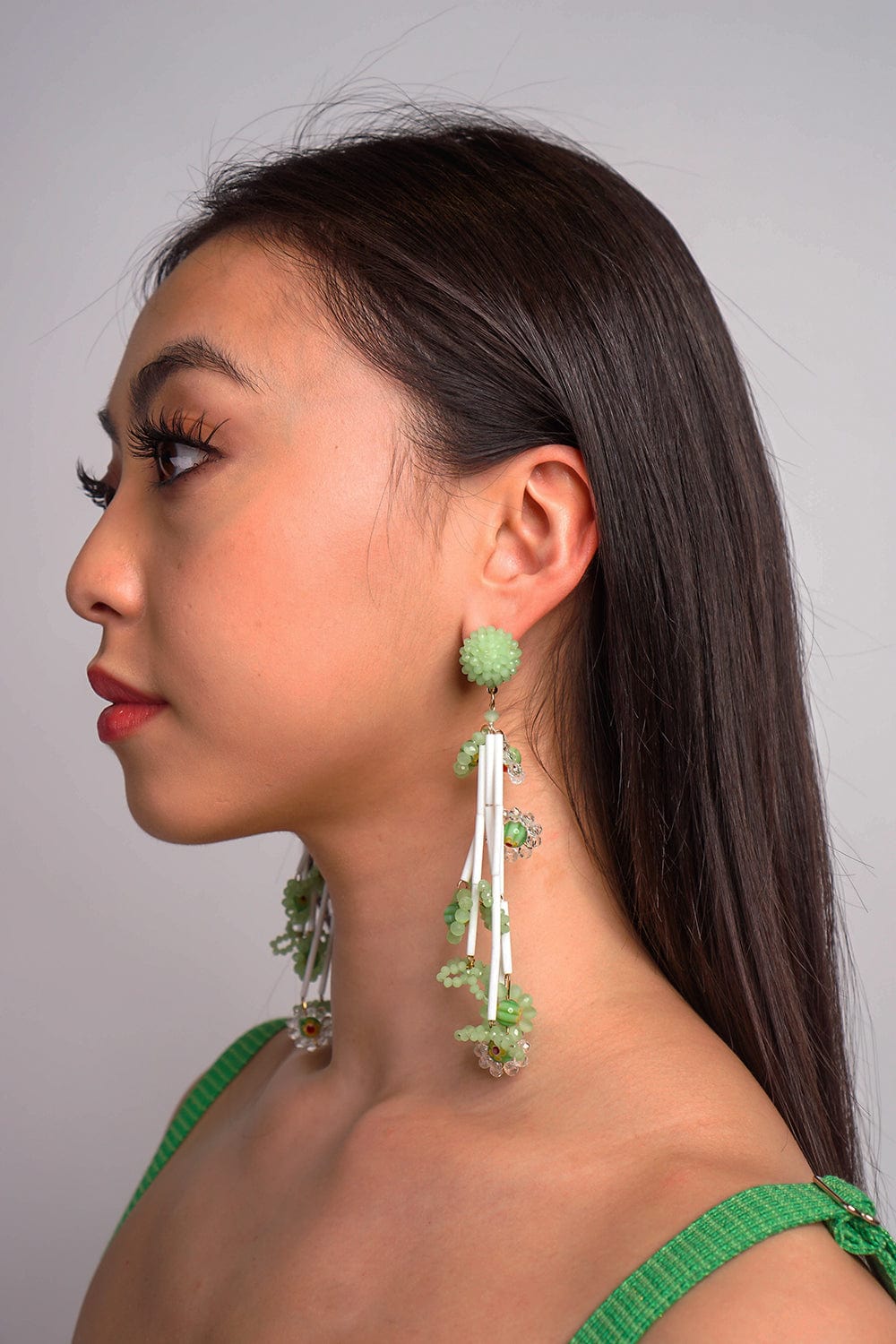 DCD EARRINGS Green Crystal Beaded Braided Flower Drop Earrings