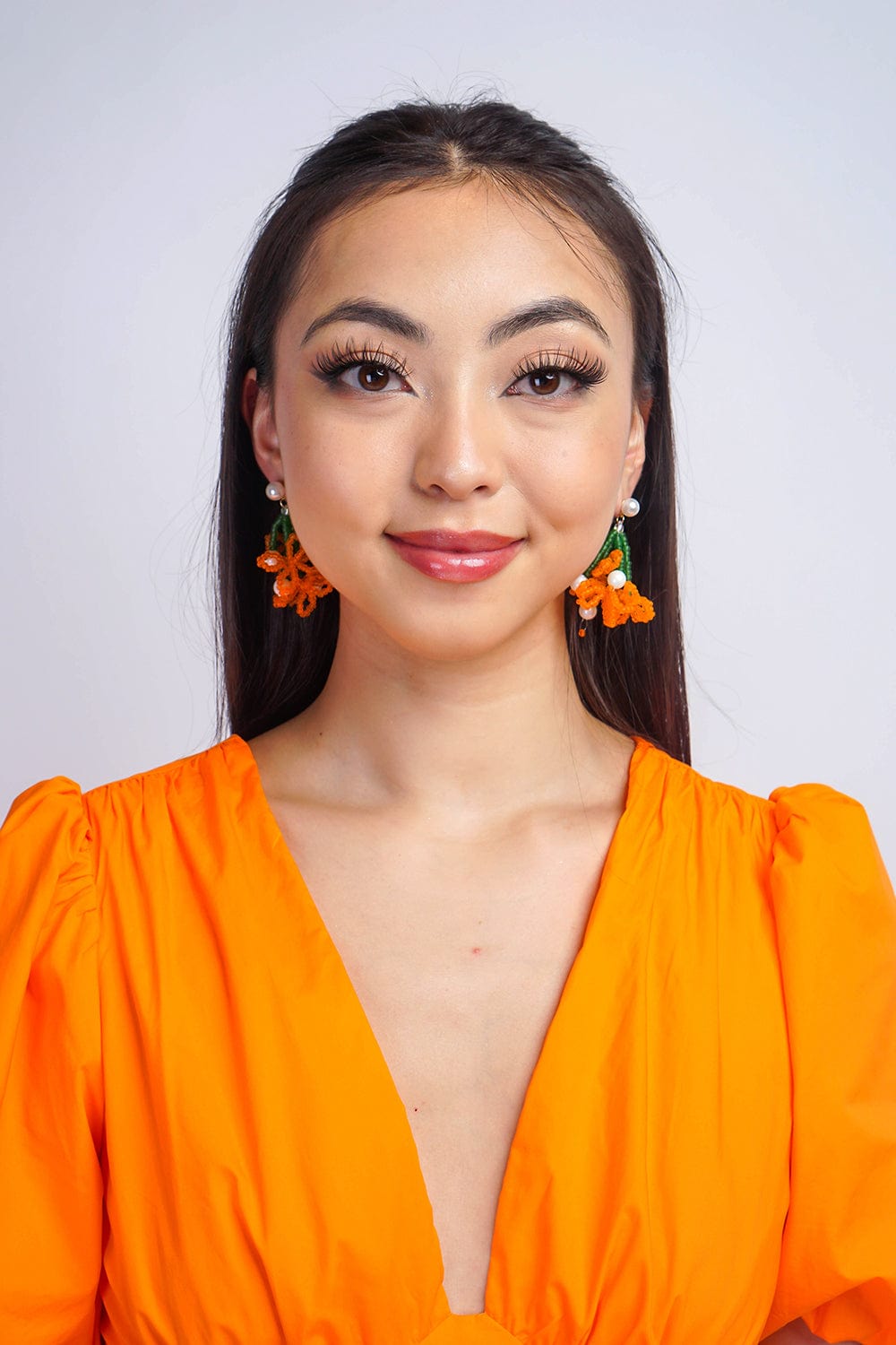 EARRINGS Orange Rice Bead Braided Pearl Flower Stud Earrings - Chloe Dao