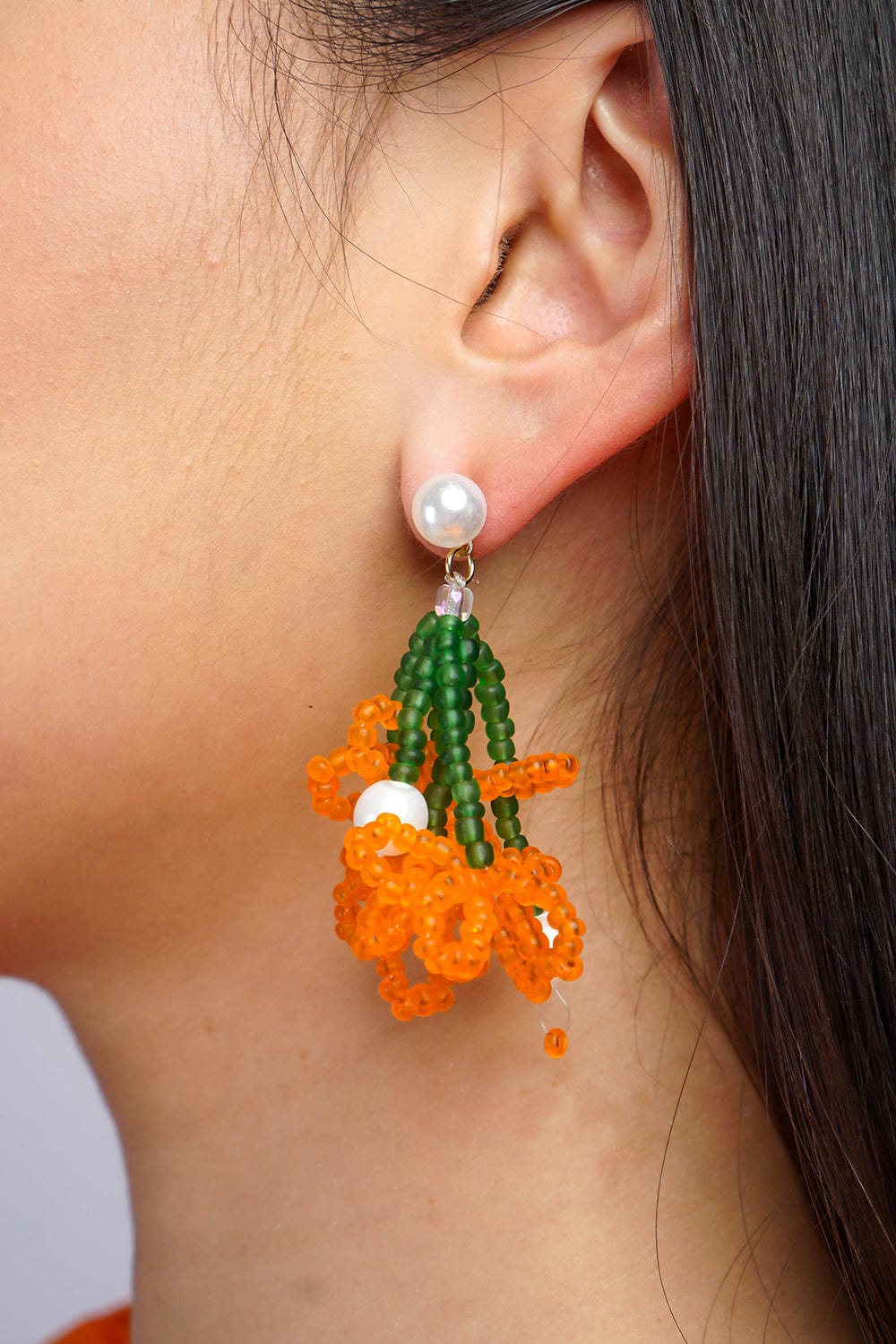 EARRINGS Orange Rice Bead Braided Pearl Flower Stud Earrings - Chloe Dao