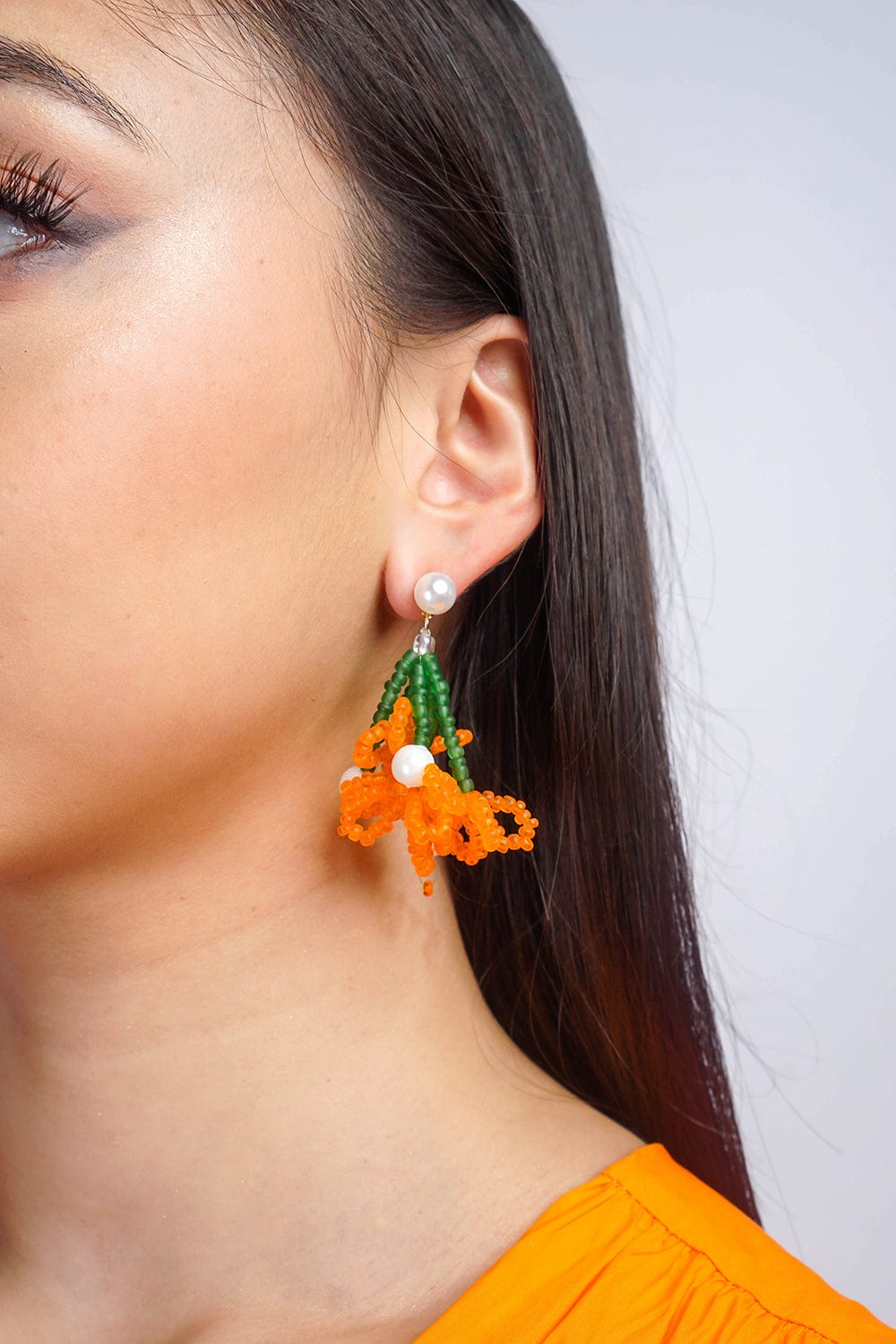 EARRINGS Orange Rice Bead Braided Pearl Flower Stud Earrings - Chloe Dao